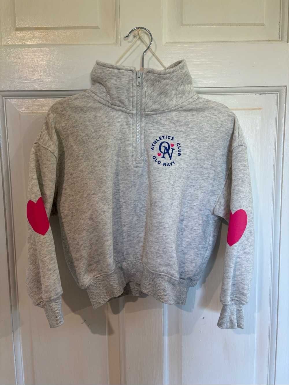 Old Navy Gray Half-Zip Sweatshirt with Pink Heart Elbow Patches